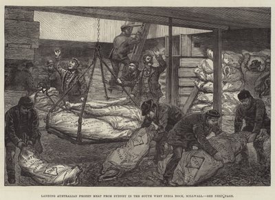 Landing Australian Frozen Meat from Sydney in the South West India Dock, Millwall by Walter Paget